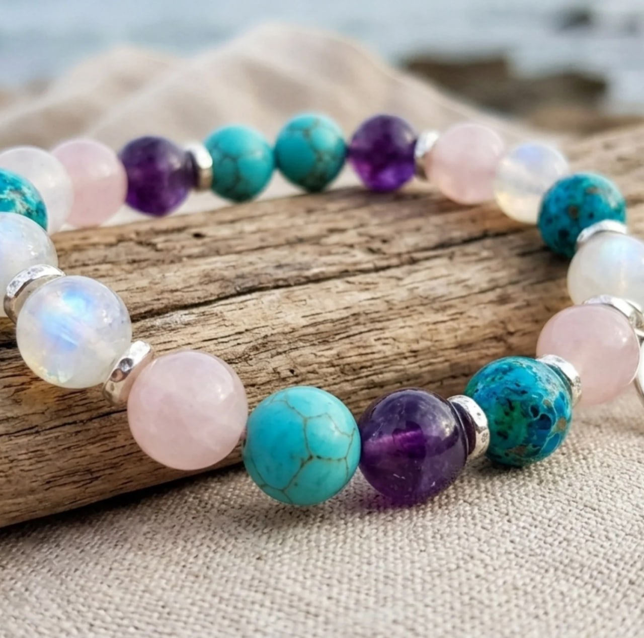 Pulsera de alquimia con cuarzo rosa, turquesa y amatista